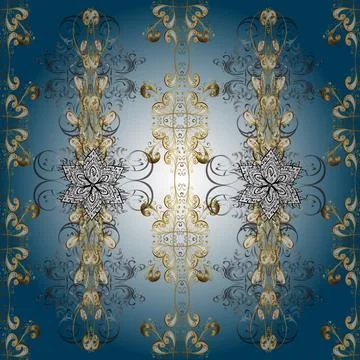 Seamless pattern on beige, neutral and blue colors with golden elements. Traditi Stock Illustration