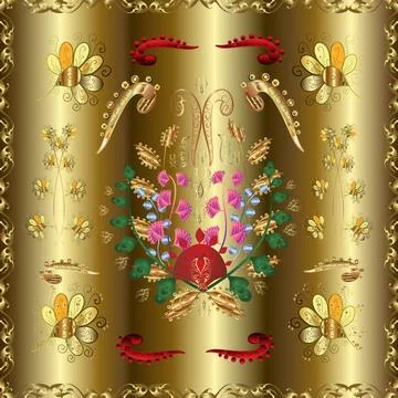 Seamless pattern on beige, neutral and brown colors with golden elements. Classi Stock Illustration