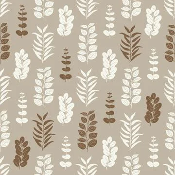 Seamless pattern of beige silhouette willow, spiral, silver dollar eucalypt.. Stock Illustration