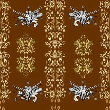 Seamless pattern on beige, white and brown colors with golden elements. Classic Stock Illustration