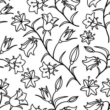 A seamless pattern with bell flowers. Black contour on a white background Stock Illustration