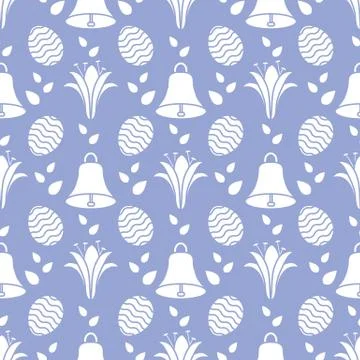 Seamless pattern with bell, lily, egg Happy Easter 스톡 일러스트