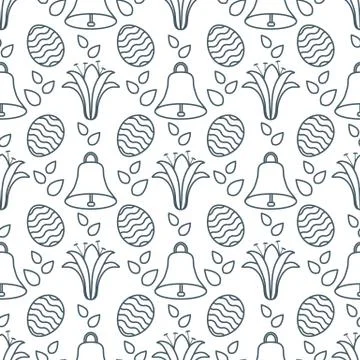 Seamless pattern with bell, lily, egg Happy Easter 스톡 일러스트
