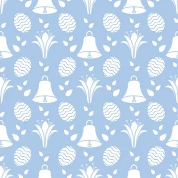 Seamless pattern with bell, lily, egg Happy Easter 스톡 일러스트