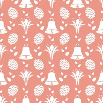 Seamless pattern with bell, lily, egg Happy Easter 스톡 일러스트