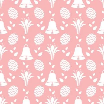 Seamless pattern with bell, lily, egg Happy Easter 스톡 일러스트