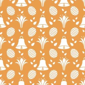 Seamless pattern with bell, lily, egg Happy Easter 스톡 일러스트