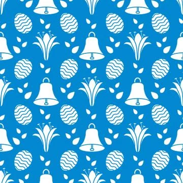 Seamless pattern with bell, lily, egg Happy Easter Stock Illustration