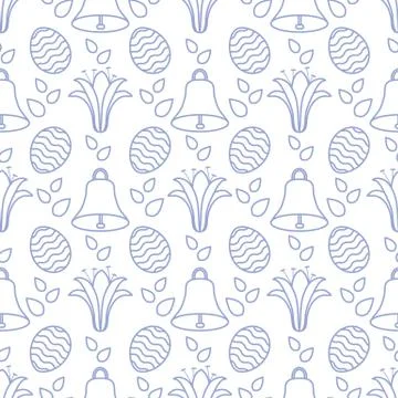 Seamless pattern with bell, lily, egg Happy Easter 스톡 일러스트