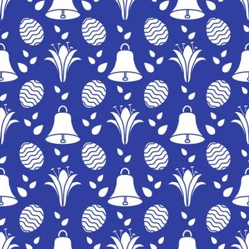 Seamless pattern with bell, lily, egg Happy Easter 스톡 일러스트