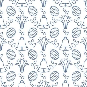 Seamless pattern with bell, lily, egg Happy Easter 스톡 일러스트