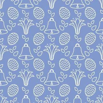Seamless pattern with bell, lily, egg Happy Easter 스톡 일러스트