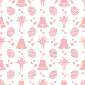 Seamless pattern with bell, lily, egg Happy Easter 스톡 일러스트