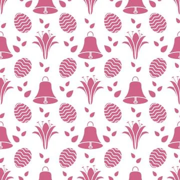Seamless pattern with bell, lily, egg Happy Easter 스톡 일러스트