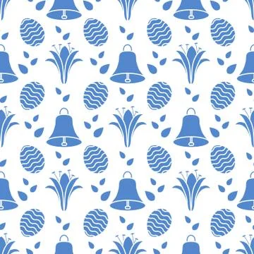 Seamless pattern with bell, lily, egg Happy Easter イラスト素材