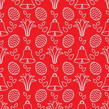 Seamless pattern with bell, lily, egg Happy Easter 스톡 일러스트