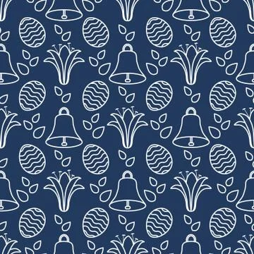 Seamless pattern with bell, lily, egg Happy Easter 스톡 일러스트