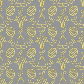 Seamless pattern with bell, lily, egg Happy Easter 스톡 일러스트
