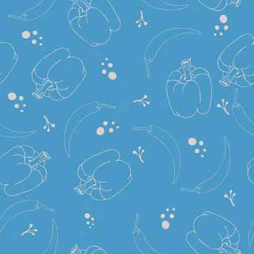 Seamless pattern of bell pepper chilli using hand drawn on blue background Illustrazione stock