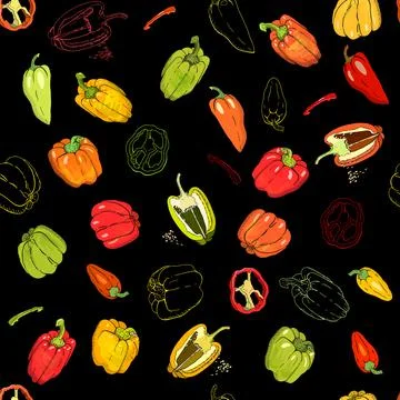 Seamless pattern with Bell Peppers on black background Stock Illustration