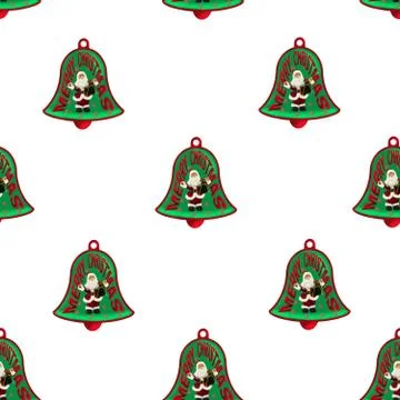 A seamless pattern of bells with figures of Santa Claus, wishes of Merry Chri Stock Photos