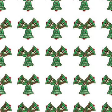 A seamless pattern of bells with figures of Santa Claus, wishes of Merry Chri Stock Photos