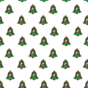 A seamless pattern of bells with figures of Santa Claus, wishes of Merry Chri Stock Photos