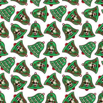 A seamless pattern of bells with figures of Santa Claus, wishes of Merry Chri Stock Photos
