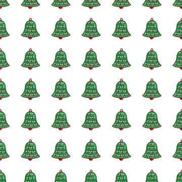 A seamless pattern of bells with figures of Santa Claus, wishes of Merry Chri Stock Photos