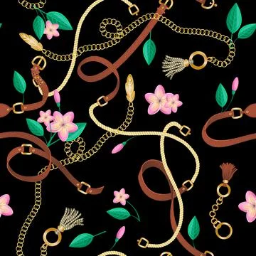 Seamless pattern with belts, chain and flowers for fabric design, accessories on イラスト素材
