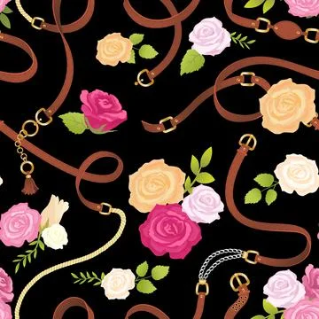 Seamless pattern with belts, chain and flowers for fabric design, accessories on 스톡 일러스트