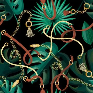 Seamless pattern with belts, chain and decorative green leaves for fabric design Stockillustratie