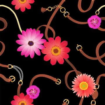 Seamless pattern with belts, chain and flowers for fabric design, accessories on Illustrazione stock