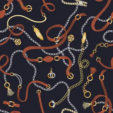 Seamless pattern with belts, chain and braid for fabric design, accessories on Stock Illustration