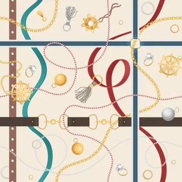 Seamless pattern with belts, golden chain and rings for fabric design vector Illustrazione stock