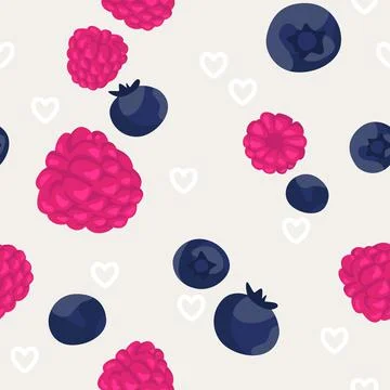 Seamless pattern with berries and hearts. Grey background. Beautiful vector s Stock Illustration