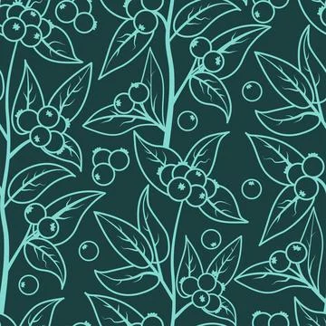 Seamless pattern with berries and leaves of snowberry. Doodle. Vector Stock Illustration