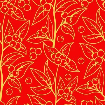 Seamless pattern with berries and leaves of snowberry. Doodle. Vector illustr Stock Illustration