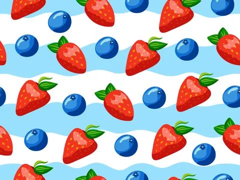 Seamless pattern with berries on a background of blue stripes. Strawberries and Stock Illustration