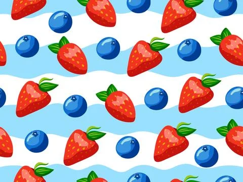 Seamless pattern with berries on a background of blue stripes. Strawberries.. Stock Illustration