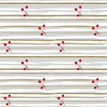 Seamless pattern with berries on a background of watercolor gray stripes with Stock Illustration