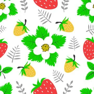 Seamless pattern with berries, flowers and strawberry leaves on white isolate Stock Illustration
