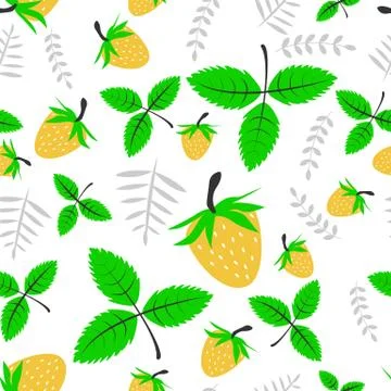 Seamless pattern with berries, flowers and strawberry leaves on white isolate Stock Illustration