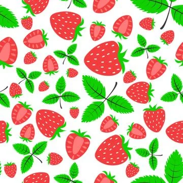 Seamless pattern with berries, flowers and strawberry leaves on white isolate Stock Illustration