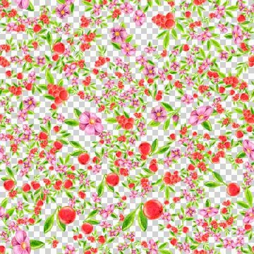 Seamless pattern of berries leaves flowers drawn with colored pencils Stock Illustration
