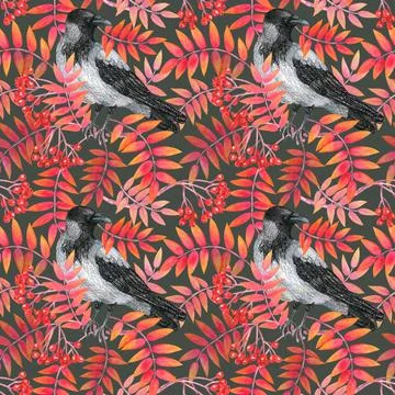 Seamless pattern with .berries, mountain ash branches and grey crow. Watercol Stock Illustration