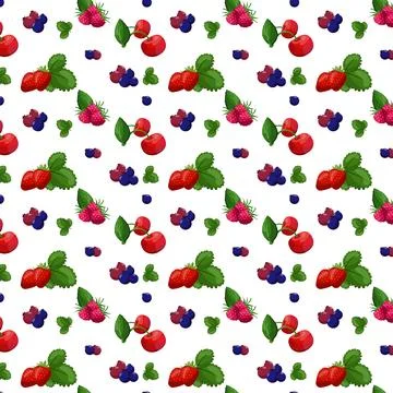 Seamless pattern of berries. Vector illustration of raspberries, strawberri.. Stock Illustration