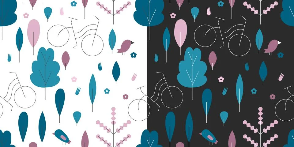 Seamless pattern with bicycle in park. Vector modern flat illustration. Energ Ilustración de archivo