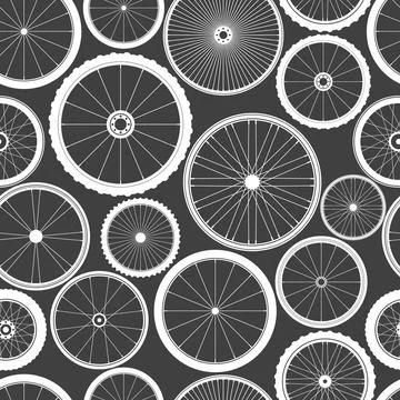 Seamless pattern with bicycle wheels. Bike rubber tyre silhouettes. Fitness Stock Illustration