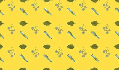 Seamless pattern of bicycles and leaves on yellow background Stock Illustration